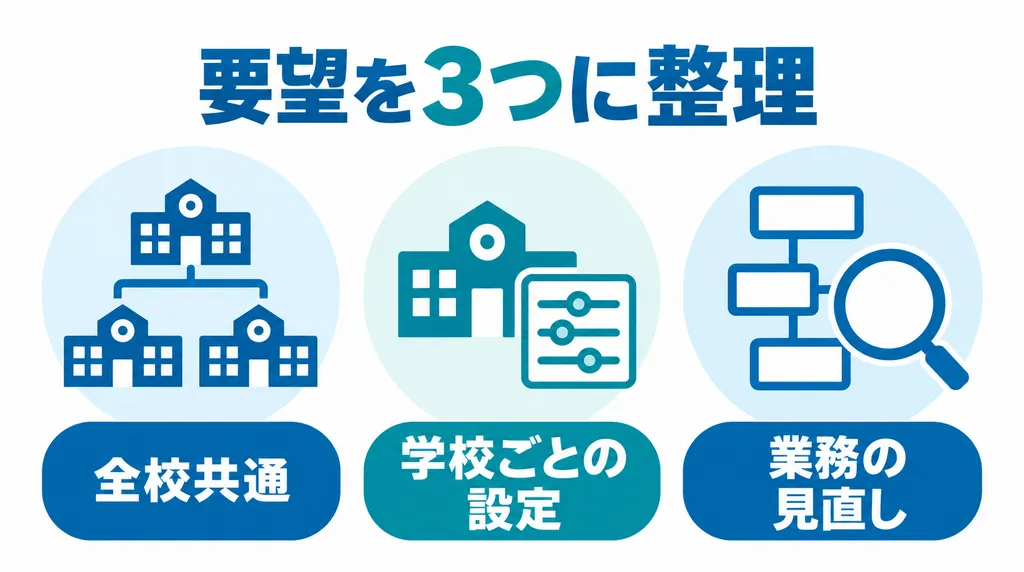学校の要望を全校共通・学校ごとの設定・業務の見直しの3つに整理する図
