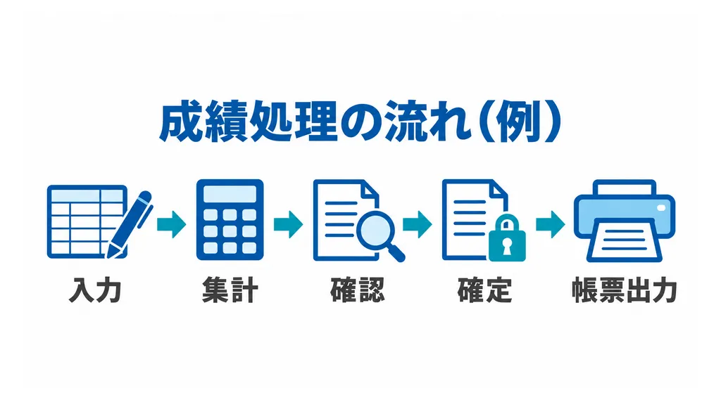 成績処理を入力・集計・確認・確定・帳票出力の5段階で示した図